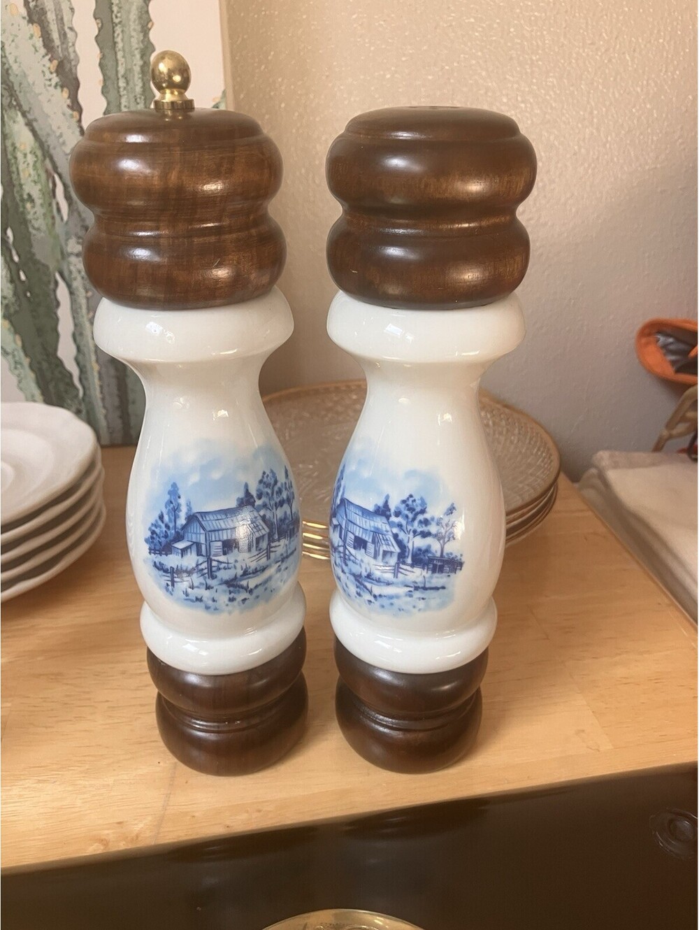Vintage Salt Shaker Pepper Grinder Milk Glass Wood Country Water mill Scene